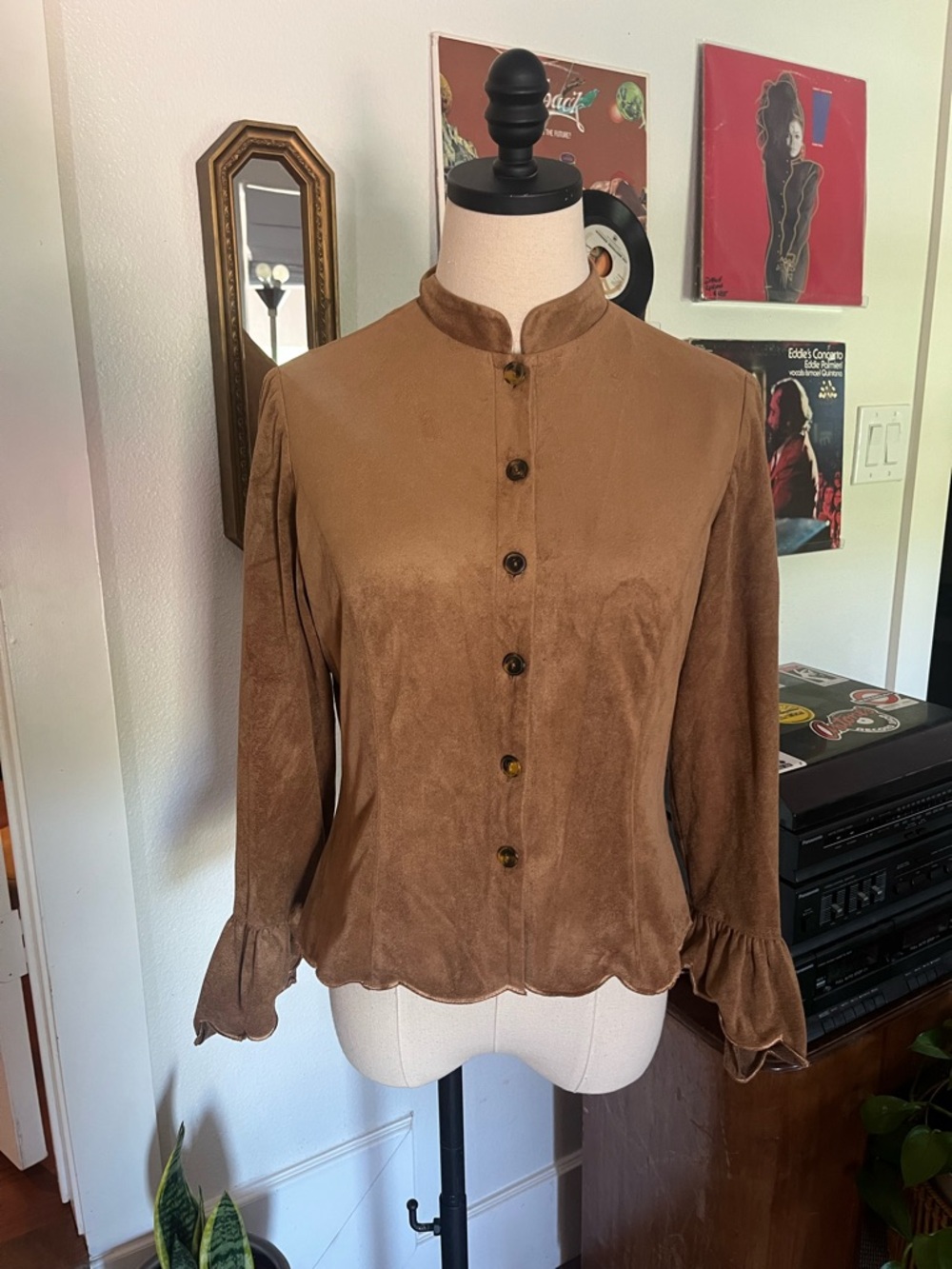Faux Suede Scallop-Hem Button Front Women’s Top